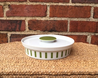 Vintage LaGardo Tackett Schmid Green White Stripe Lidded Casserole, Serving or Candy Dish - Mid Century