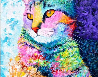 Colorful Tabby Cat Art Print - Cat Print, Whimsical Cat Art, Cat Poster, Tabby Cat Wall Art, Cat Portrait, Tabby Cat Gift, Art of Cats.