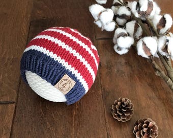 Baby Knit Hat/Patriotic Baby Beanie/Red White Blue Baby Hat/Newborn Beanie/Striped Baby Hat/Baby Shower/Photo prop/USA hat/Gender Neutral