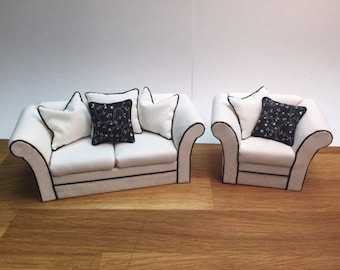 1" Scale Miniature Black & White Sofa and Chair