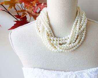 Chunky Pearl Necklace, Pearl Statement Necklace, Ivory Pearl Necklace, Braided Pearl Necklace, Bridal Necklace