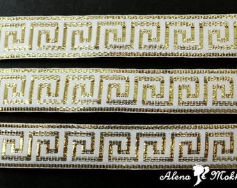5 yards 7/8" White Gold Greek Key Woven Grosgrain Ribbon