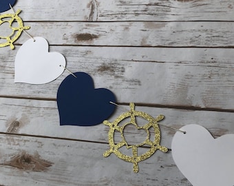 Nautical Garland, Gold Glitter or Silver Glitter, Nautical Bachelorette Decor, Nautical Party Decor, Ships Wheel and Heart Garland