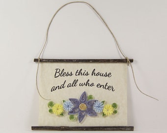 Bless This House, Paper Quilled Home Blessing Sign, 3D Quilled Banner, Purple Blue Yellow Wall Decor, Housewarming Gift, Rustic Paper Art