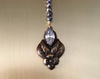 Vintage Brass and Crystal Leaf Motif Earrings