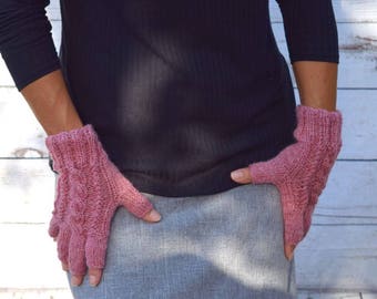 Wool fingerless gloves pink heather cable knit gloves gift for her womans gift spring fall Christmas gift for her womens gloves mitts
