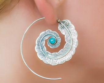 Silver feather earrings. bohemain earrings. boho jewelry. large earrings. native american earrings. turquoise earrings. boho chic. tribal.