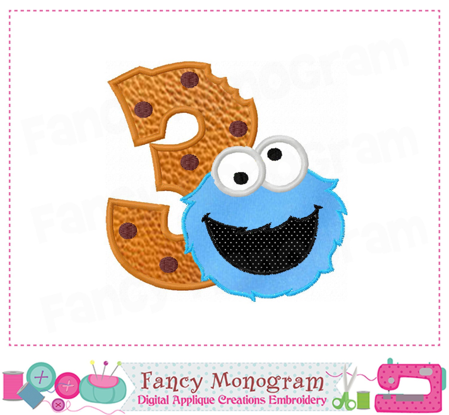 Cookie Monster Number 3 appliqueBirthday Number 3