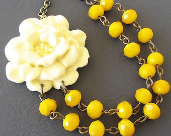 Yellow Necklace Statement Necklace Flower Necklace Yellow Jewelry Beaded Necklace Double Strand