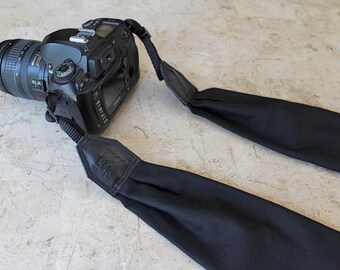 BEST SELLER - Solid Black Scarf Camera Strap, Cross Body Strap, Silver Clasps or Nylon Ends, Customizable Camera Strap