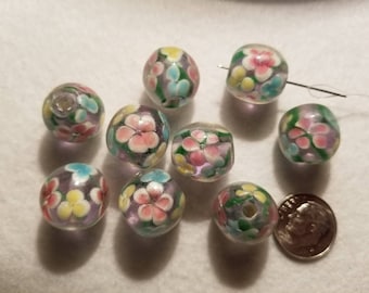 10 15mm Lampwork Multicolor Pink Blue Yellow Daisy Round Glass Beads