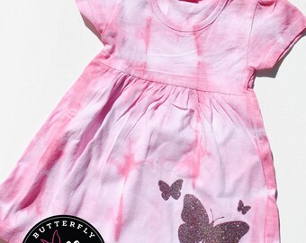 Light pink and white tie-dyed 6-12 month baby girls cotton cap-sleeved dress with glittery butterflies, gift for baby girl