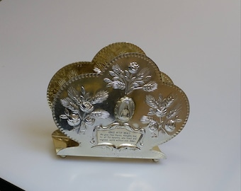 Prayer Napkin Holder, Grace Napkin Holder, Jesus and Mary Napkin Holder, Religious Napkin Holder, Silver Tone Embossed with Glass Cameos