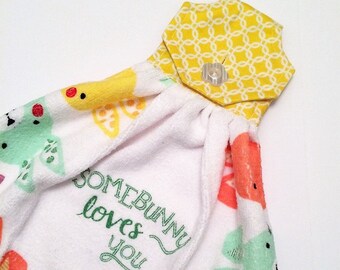 Easter Kitchen Towel, Yellow Towel, Button Top Towel, Easter Decor, Kitchen Tea Towel, Kitchen Tie Towel, Easter Bunny, Yellow Decor
