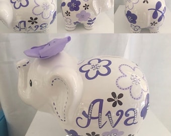 Personalized Handpainted Large Purple/Gray Flower elephant Piggy Bank Newborns , Birthday,Girls,Flower Girl,Baby Shower Gift Centerpiece