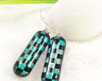 Dichroic glass earrings, fused glass earrings, dichroic jewelry, glass earrings, Hana Sakura,green earrings,statement earrings,glass fusion