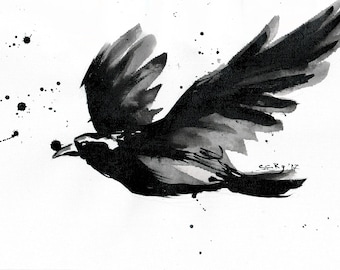 Crow painting - 8x12in canvas, A4, 21x30cm - abstract flying crow