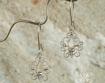 Sterling Silver Filigree CZ Earrings, Silver Filigree Earring, White Pear CZ, Filigree Bridal Earrings, Floral Dangle Earrings, Art Nouveau