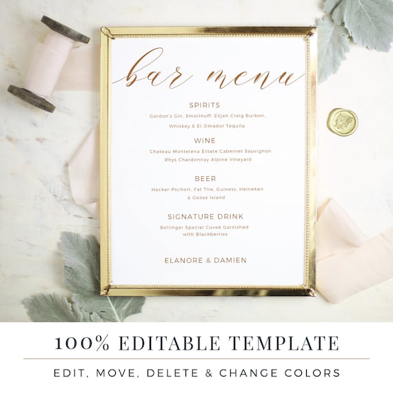 Wedding Bar Menu Template Editable Bar Menu Printable Word