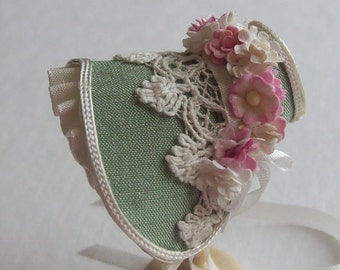 Handmade 1/12th scale dollshouse beautiful green silk bonnet