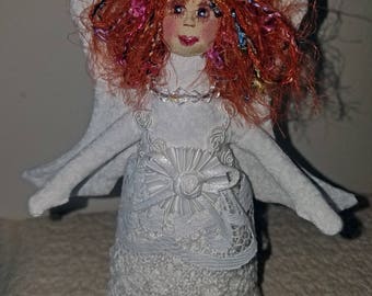 Sweet fiber sculpted white lace angel, silk face, curly red hair, and lace trim