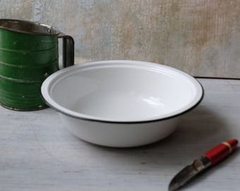 Vintage Graniteware, Vintage White Enameled Bowl, Enamelware Bowl, White Enamel Bowl with Black Rim,