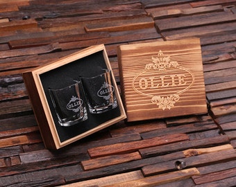 Personalized Shot Glasses with Wood Box Groomsmen, Best Man, Man Cave Gift Barware (024965)