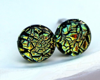 Dichroic Glass and 925 Sterling Silver Stud earrings ~ Golden Ember