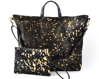 Nicole - Handmade Black & Gold Hair On Hide Leather Tote Bag With Detachable Clutch AW17