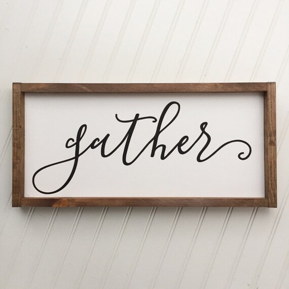 Gather Framed Wood Sign Cursive Handwritten Font Decor