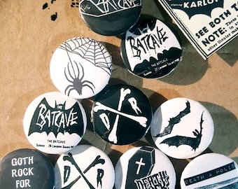 32mm 1.25 inches Set of 10 Batcave Tradgoth Gothic Deathrock Creepy Postpunk Punk 80s Goth Rock Pinback Buttons