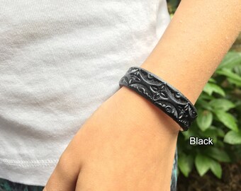 Essential oil diffuser bracelet for aromatherapy - pick from 13 colors - 1/2 inch wide hand tooled leather bracelet with pearl overcoat