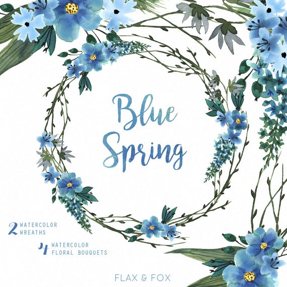 Blue Spring Watercolor Bouquets Wreath hand painted clipart