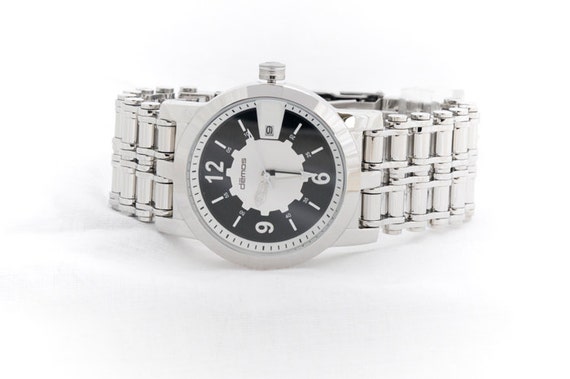 CHAIN watch / wristwatch / Bike Watch - Polished Stainless Steel Bracelet with Black / White Dial