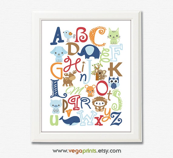 Animal alphabet nursery art print UNFRAMED baby boy nursery