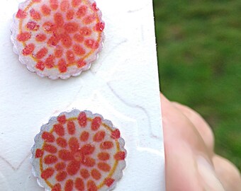 Stud Earrings: Paper earrings | Round earrings | Stainless steel posts | Red, white & yellow | Polka Dots | Gift for teens | Tweens | Kids
