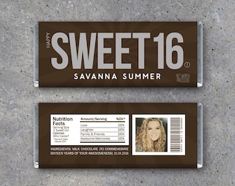 Sweet Sixteen Personalized Candy Bar Wrappers – Printable Hershey Wrappers with PHOTO, Name & personalized text – Use as a gift or gift tag