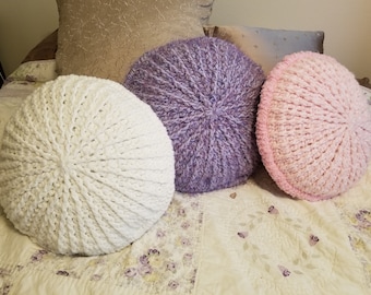 New Crocheted Pouf Pillows 17" in White, Lavender and Pink
