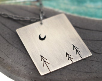 Forest of Three Pines and Crescent Moon Tree Art sterling silver statement pendant
