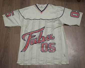 FUBU jersey, beige vintage hip hop t-shirt of 90s hip-hop clothing, 1990s hip hop shirt, OG, old school Fubu, gangsta rap, size L Large