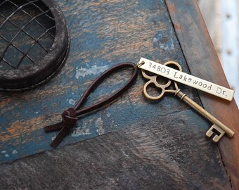 First Home Ornament - Custom Stamped New House Address Skeleton Key - Personalized Housewarming Gift Wedding Tag - Rustic Vintage Brass OG