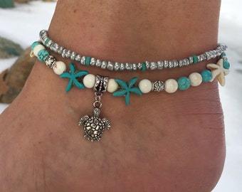 Beach Anklet, Ankle Bracelet, Turtle Anklet, Starfish Anklet, Anklets For Women, Nautical Anklet, Anklet, Beaded Anklet, Beach Jewelry