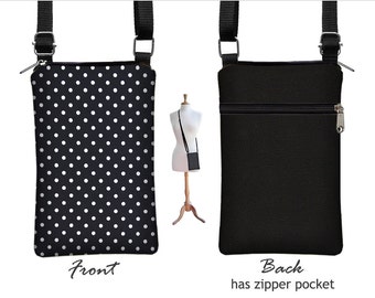 SALE iPhone 6 / Plus Smartphone Purse, Cute Polka Dot Cell Phone Case Black White Small Cross Body Bag, zipper, fabric RTS