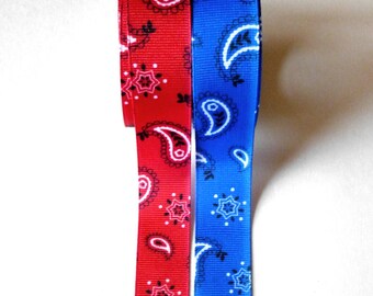 Bandana Grosgrain Ribbon, Cowboy, Western, Red or Blue Paisley Print Ribbon, 5 YARDS, 7/8 inches wide, Red and Blue Bandana Style Ribbon,