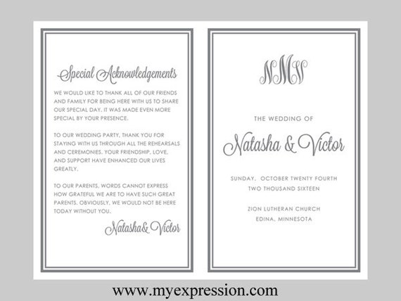 diy wedding program template bifold gray monogram instant