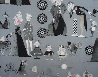 Ghastlies Family Reunion, Yard, Alexander Henry, Gray Background, Ghastlies Fabric, Ghastlies Scenes, Goth Family, Cotton Fabric