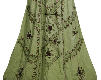 Green Classic Fun A-Line Skirts Floral Embroidered Summer Style Boho Chic Gypsy Ethnic Long Skirts