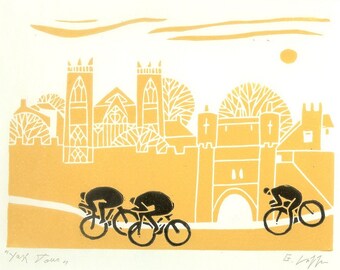 Tour de France Linocut , Cycling Art - Printmaking Bicycle Print - Original Yellow and Black Print - Tour the Yorkshire,Bike Art