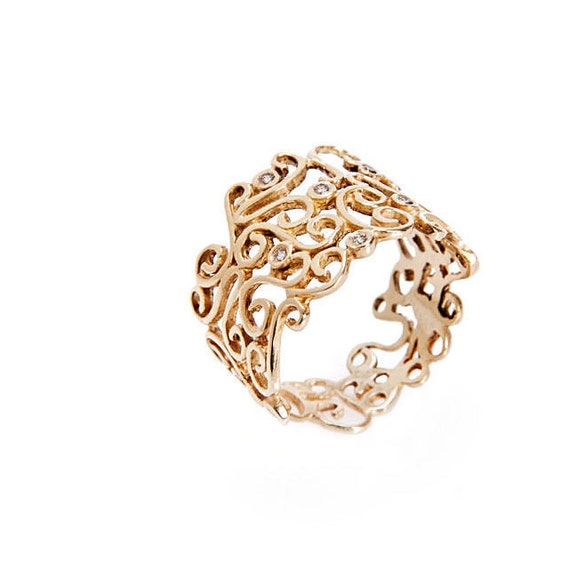 14K Gold ring gold Lace Ring Diamond gold ring Filigree