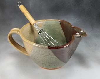 Pottery Batter Bowl Yellow Brown and Green Medium Ceramic Batter Bowl With Whisk Hand Thrown Stoneware Pottery 1